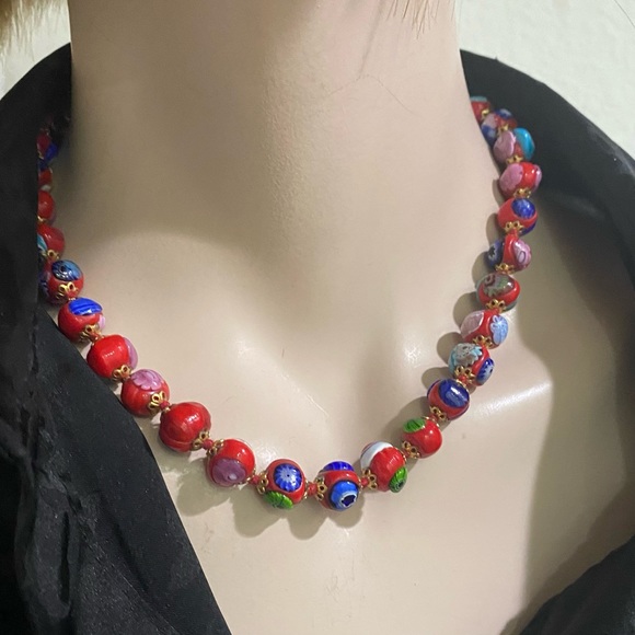 Vintage Red Multi Millefiori Venetian Murano Glass Beads Knotted 16” Necklace - Picture 4 of 16
